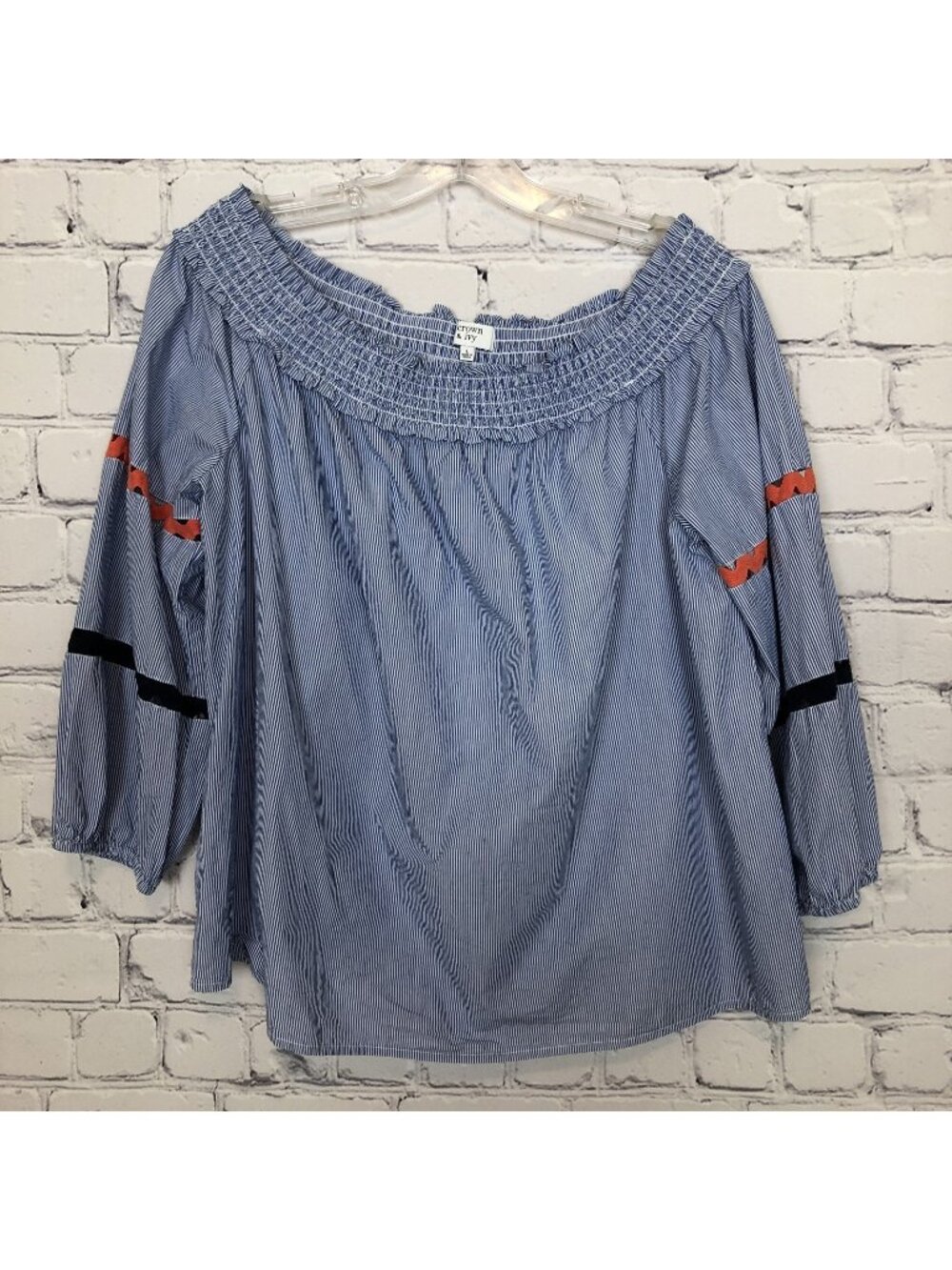 Crown & Ivy Blue White Stripe Long Sleeve Size L 100% Cotton Off The Shoulder